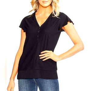 Vince Camuto Black V-Neck Henley Short Flutter sleeve Tee Size XL